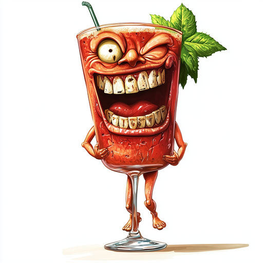 Humorous caricature of a cocktail clipart with human characteristics, exaggerated dimpled chin, long legs, glowing vibrant colors, cartoon style, angry, high resolution, isolated