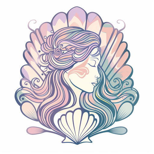 Elegant flat tattoo sketch of Venus in a seashell, pastel oceanic hues, clipart style