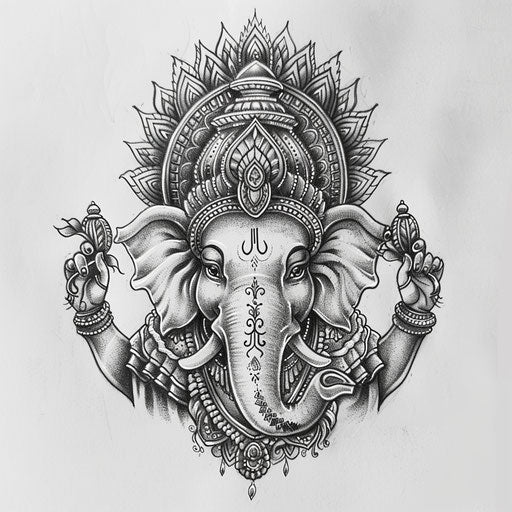 Intricate tattoo sketch of Ganesha, clipart style in black and white with fine shading