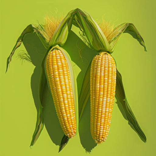 Corn clipart in photo realistic style with a flat random background, high contrast and saturated hues