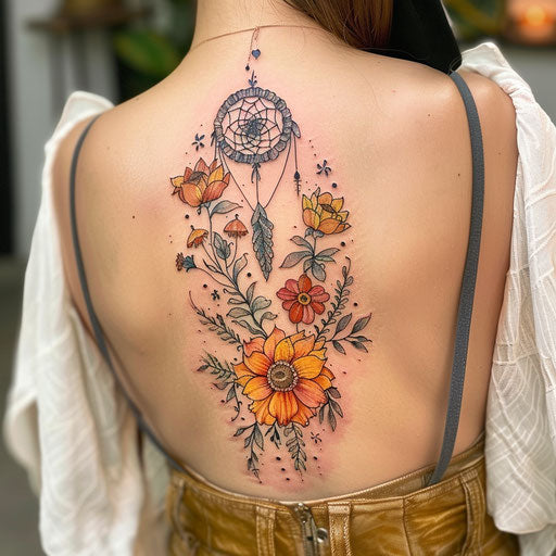 Wildflower tattoo with dreamcatcher, intricate details, soft pastels, bohemian