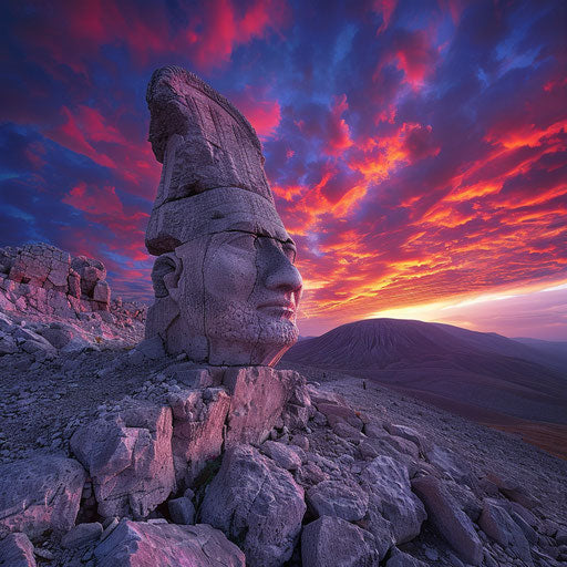 Mount Nemrut at dusk with vibrant colors, in the style of Marc Adamus