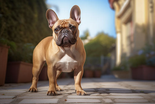French bulldog standing on a sidewalk with grass