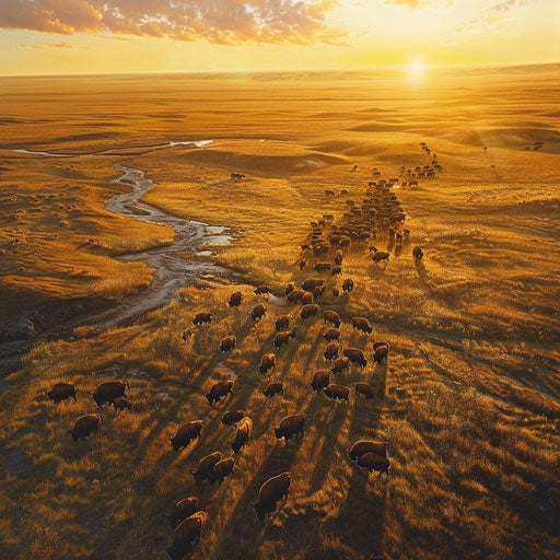 Wood bison herd on the move at sunrise across vast plains