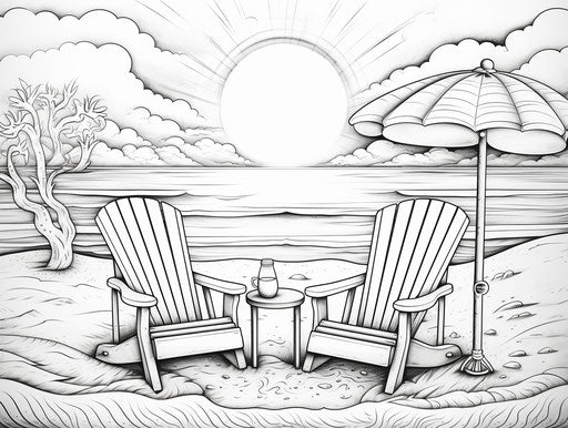 The beach with bucket, umbrella, and chairs coloring