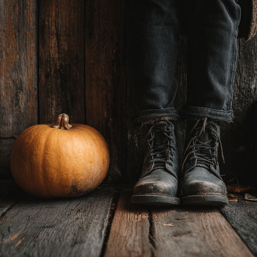 Sturdy Boots and Pumpkin in an Autumn Setting