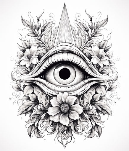 All seeing eye in dark, meticulous inking, detailed foliage