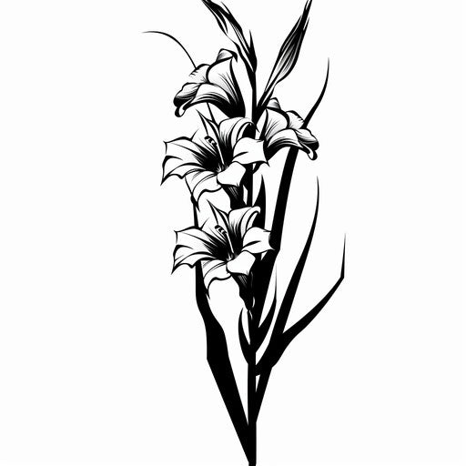 Tribal style gladiolus tattoo design with bold black lines and sharp angles, displayed on a white background