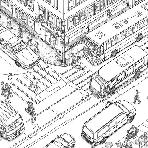 Busy street with cars, buses, pedestrians