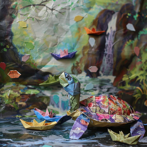 Origami turtle by stream with paper boats