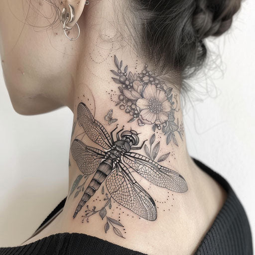 Dragonfly neck tattoos in the style of M.S. Merian