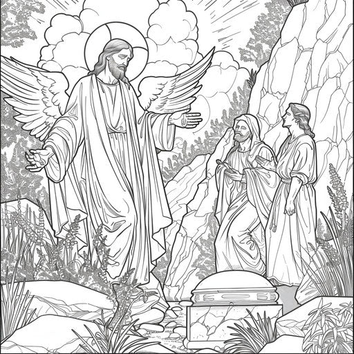 Jesus' resurrection with empty tomb and angels. Coloring book