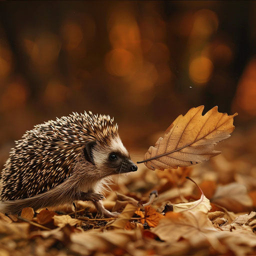 Hedgehog's encounter with a fallen feather, soft touch on its spiky exterior
