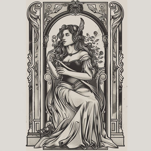 Empress Tarot Card Tattoo, Renaissance Style, Classical Beauty, Detailed Shading, White Canvas
