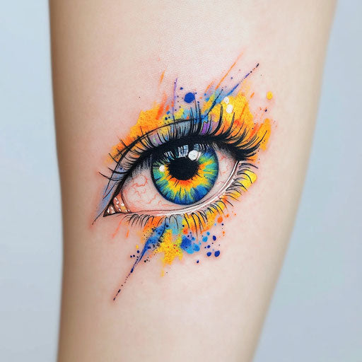 Eye tattoo on arm with vibrant watercolor splashes