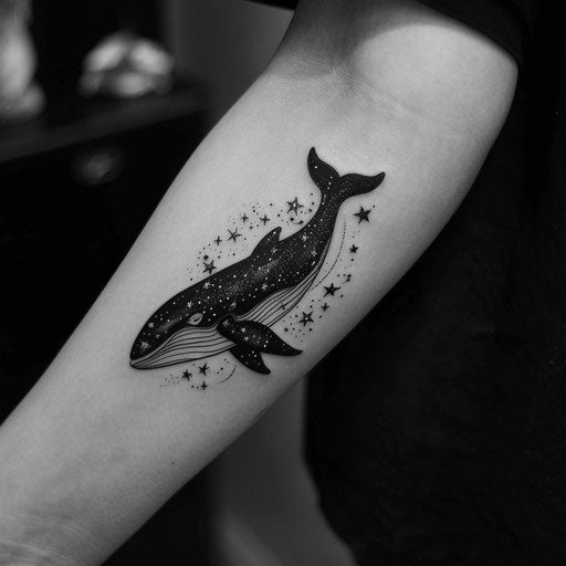 Striking tattoo sketch of a whale silhouette filled with cosmic star patterns