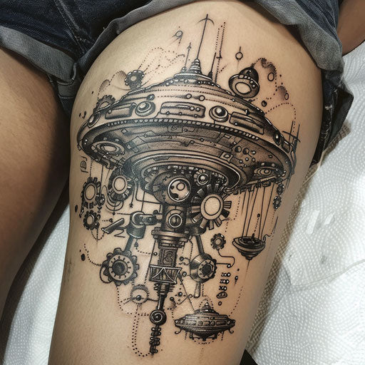 Steampunk UFO tattoo with gears and pipes on white backdrop