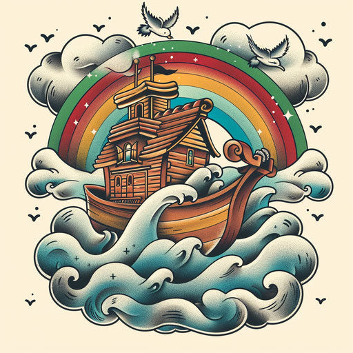 Noah's Ark with rainbow, colorful cartoon sketch