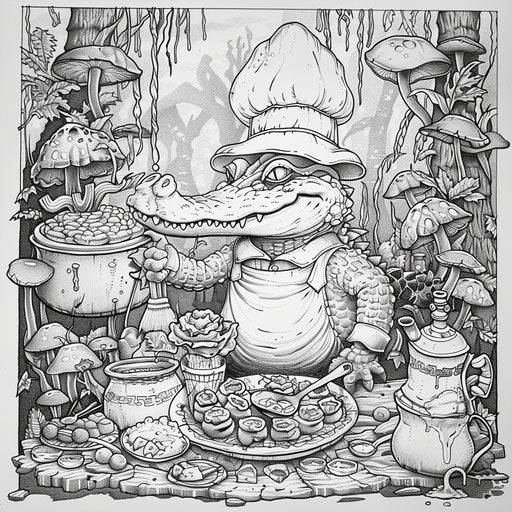 Whimsical alligator chef cooking in the swamp