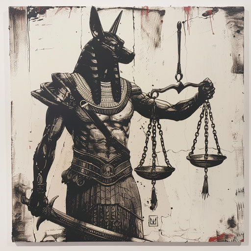 Anubis with scales of justice, stencil style drawing on a white canvas