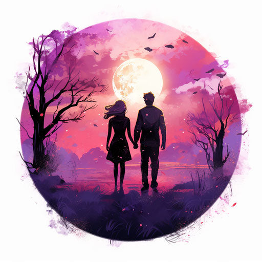 Couple holding hands and full moon, primitivist, light & shadow, light amber and violet