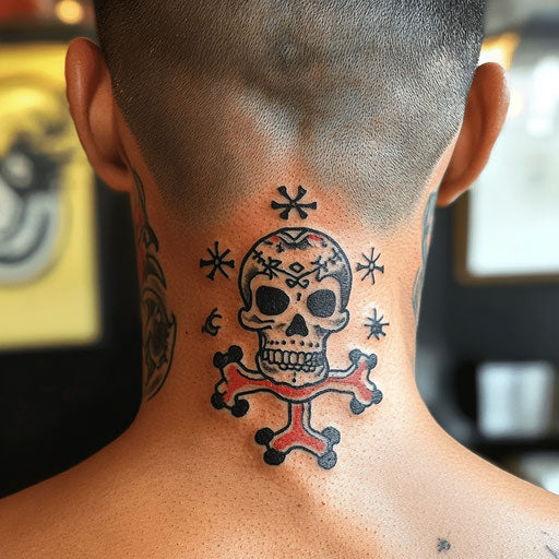 Small neck tattoos in the style of Ed Hardy featuring a skull and crossbones