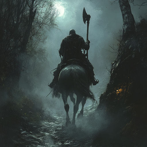 Headless rider on narrow path in foggy night