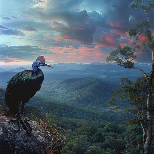 Cassowary with vast backdrop, awe-inspiring view