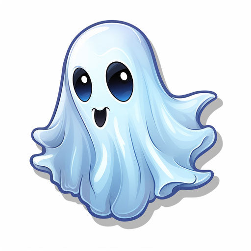 White ghost sticker with blue eyes in digital art style