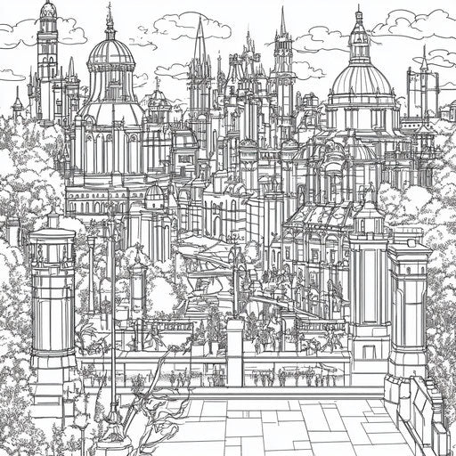 Detailed cityscape with a grand princess castle, in the style of Stephen Wiltshire, coloring book page