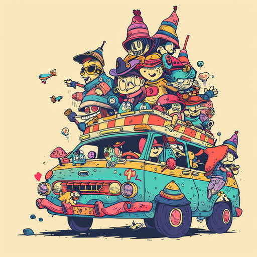Fun flat tattoo sketch of a family car packed with cartoon characters in colorful attire