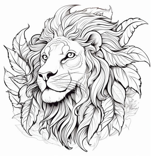 Lion head with feather tattoos, intricate line drawings