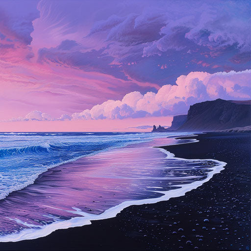 Black sand beach at dusk with pink and purple hues