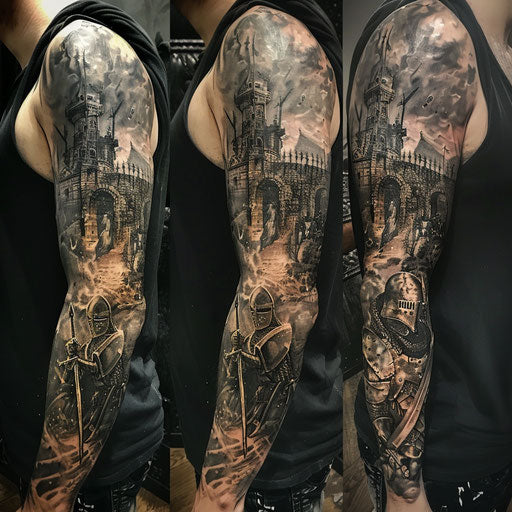 Medieval knight sleeve tattoo in the style of Adrian Smith