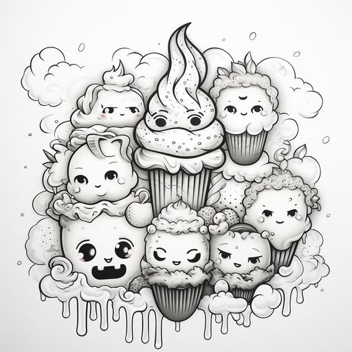 Delicious sweets and ice cream in kawaii black and white
