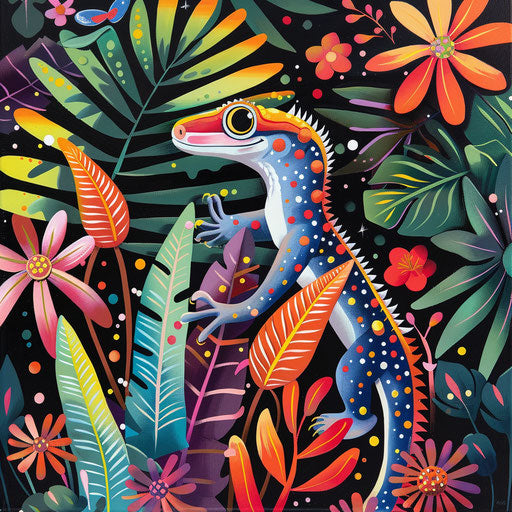 Gecko lizard among vivid jungle plants