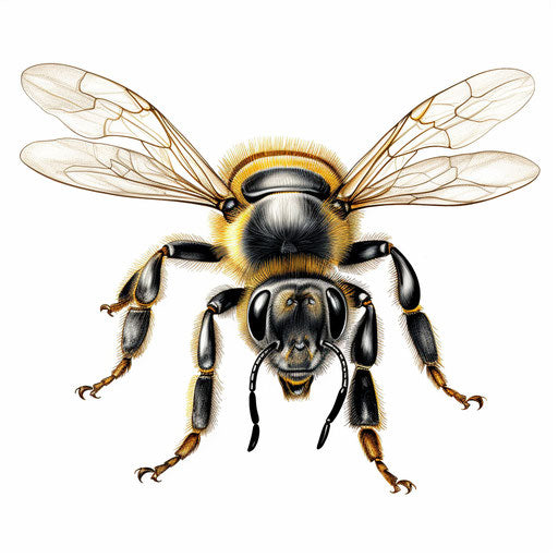 Yellow and black drawing of a bee, detailed illustration style