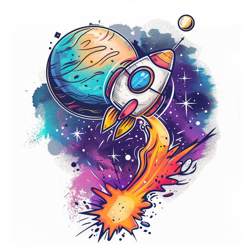 Adventurous tattoo sketch of a rocket flying towards a planet in cartoon style
