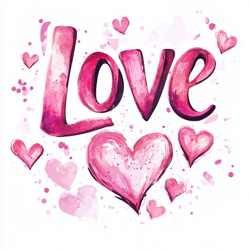 Love in cursive style, pink hearts, digital art