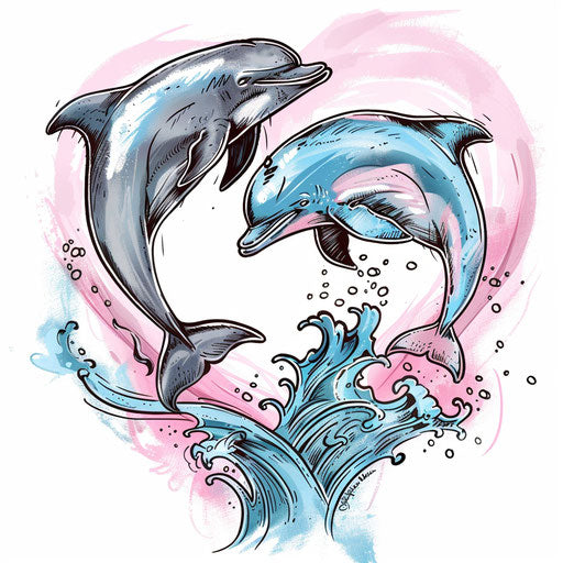 Two dolphins jumping over a heart-shaped wave