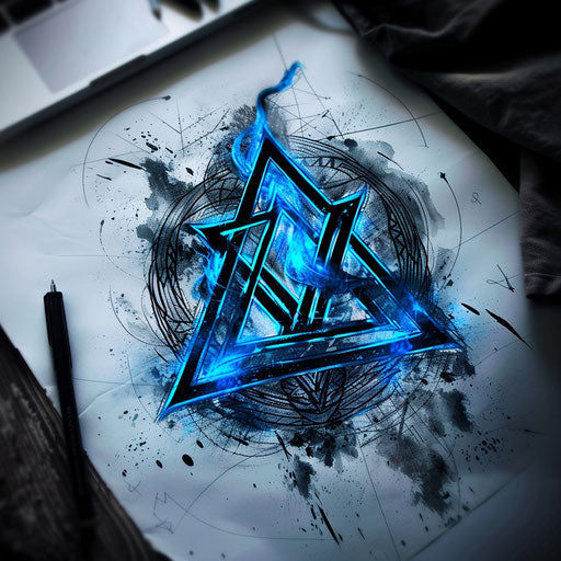Graphic sketch of a Valknut with thick black outlines and bright blue accents