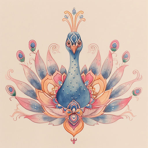 Elegant flat tattoo sketch for a Sak Yant tattoo with a peacock in a clipart style, using pastel shades