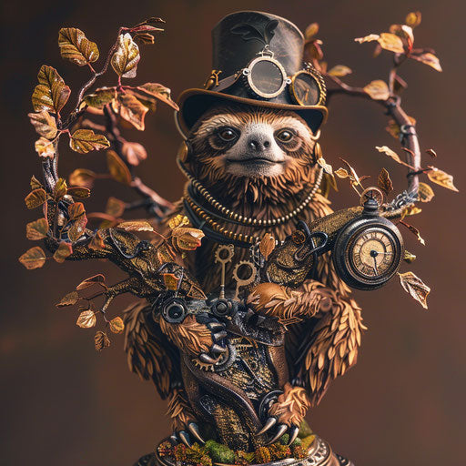 A steampunk sloth with a monocle and top hat on a clockwork tree