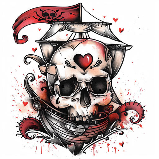 Heartwarming tattoo sketch of the Jolly Roger with heart-shaped eyes