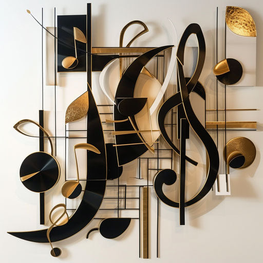 Art deco-inspired music notes in black and gold on white