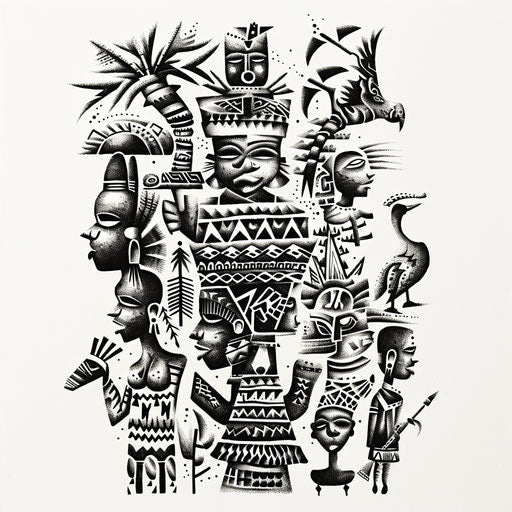 African tattoo illustrated with figures and symbols