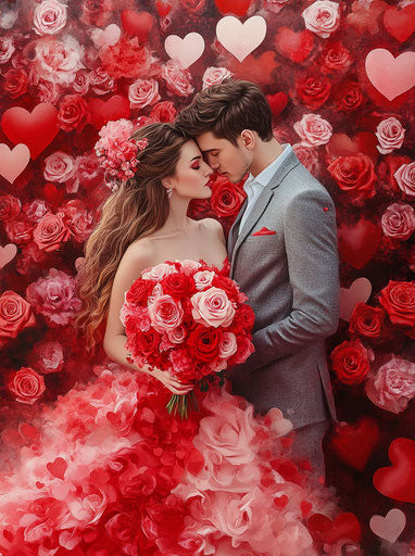 Loving couple in red and pink, heart and rose motif