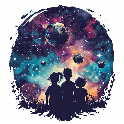 Beautiful flat tattoo sketch for three children in cosmic theme
