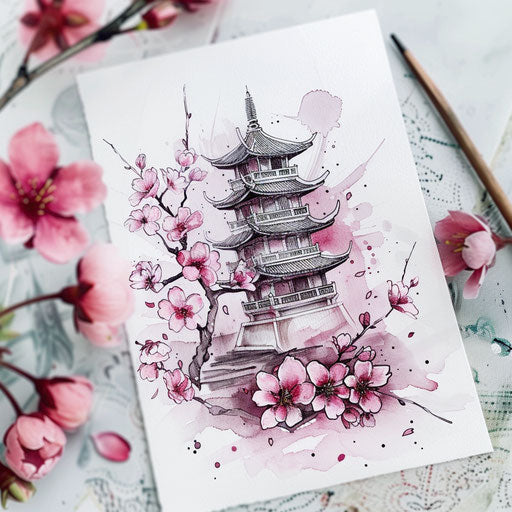 Chinese pagoda surrounded by cherry blossoms, tattoo artwork in pastel colors on white matte paper.