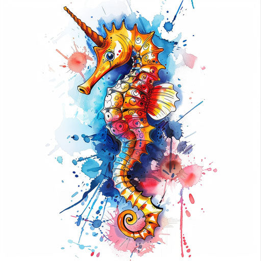 Vibrant seahorse tattoo sketch in clipart style with watercolor splashes